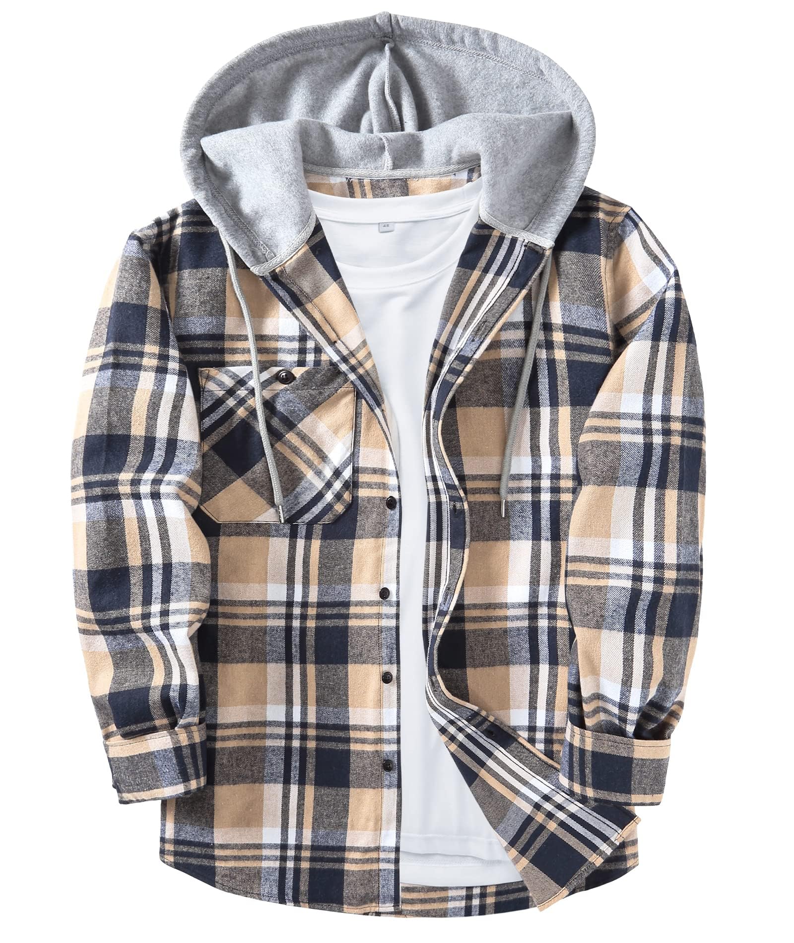 ZITY Mens Flannel Hoodie Shirts Casual Button Down Plaid Shirt Jackets for Men Long Sleeve Stylish Hooded with
