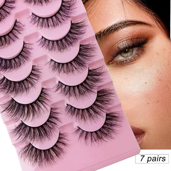 Bestac Natural Lashes, 7 Pairs Soft Fluffy Flared False Eyelashes, Black Natural Look (001)