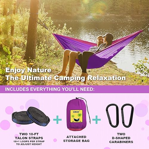 Miniatura 3 de SZHLUX Hamaca de camping doble e individual Hamacas portátiles con 2 correas de árbol y bolsa de transporte adjunta, ideal para exteriores,