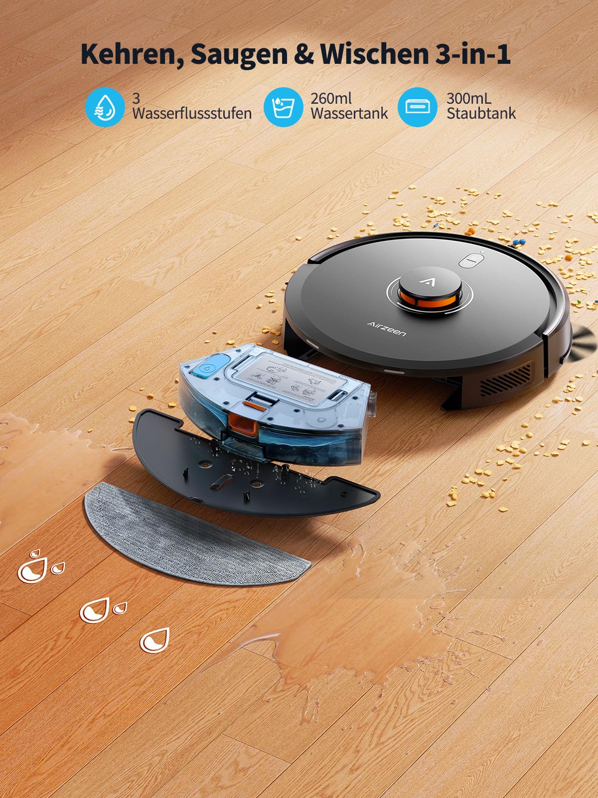 Airzeen 8000Pa Saugroboter mit Wischfunktion, Staubsauger Roboter mit Absaugstation, Saugkraft Saug und Wischroboter, LiDAR Navigation mit Mapping, APP, Alexa, für Teppich, Tierhaare, Q10 Pro