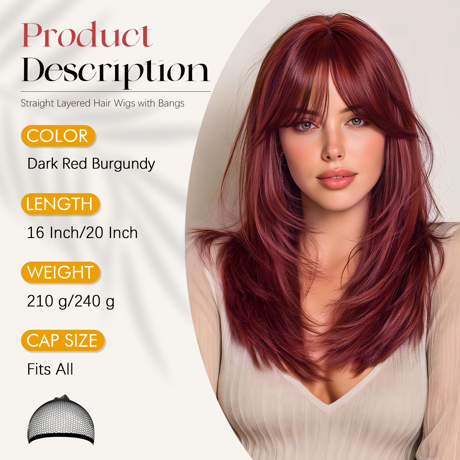 Sofeiyan Pelucas Mujer pelo Natural con Flequillo, 40 cm Burdeos Rojo Oscuro Sintético Resistente al Calor Peluca Largas Rectas,Cabello Layered para Fiestas Diarias y Cosplay