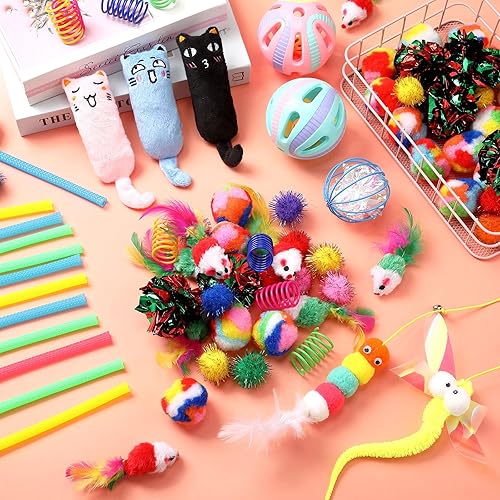 Miniatura 4 de Shappy Paquete de 150 juguetes para gatos a granel, paquete de juguetes divertidos e interactivos, incluyendo ratones, bolas de arco iris, bolas