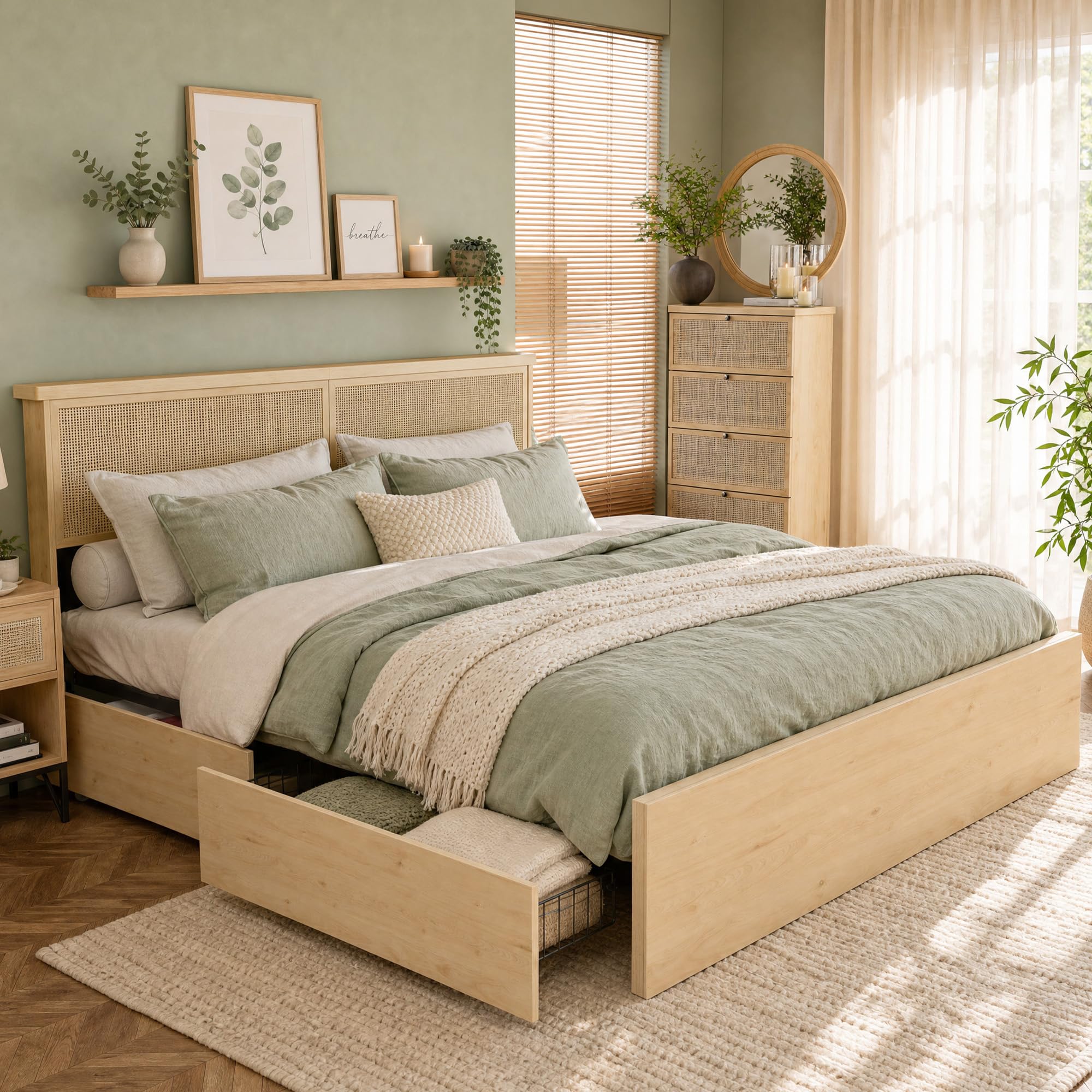 Yechen King Bed Frame with Natural Rattan Headboard