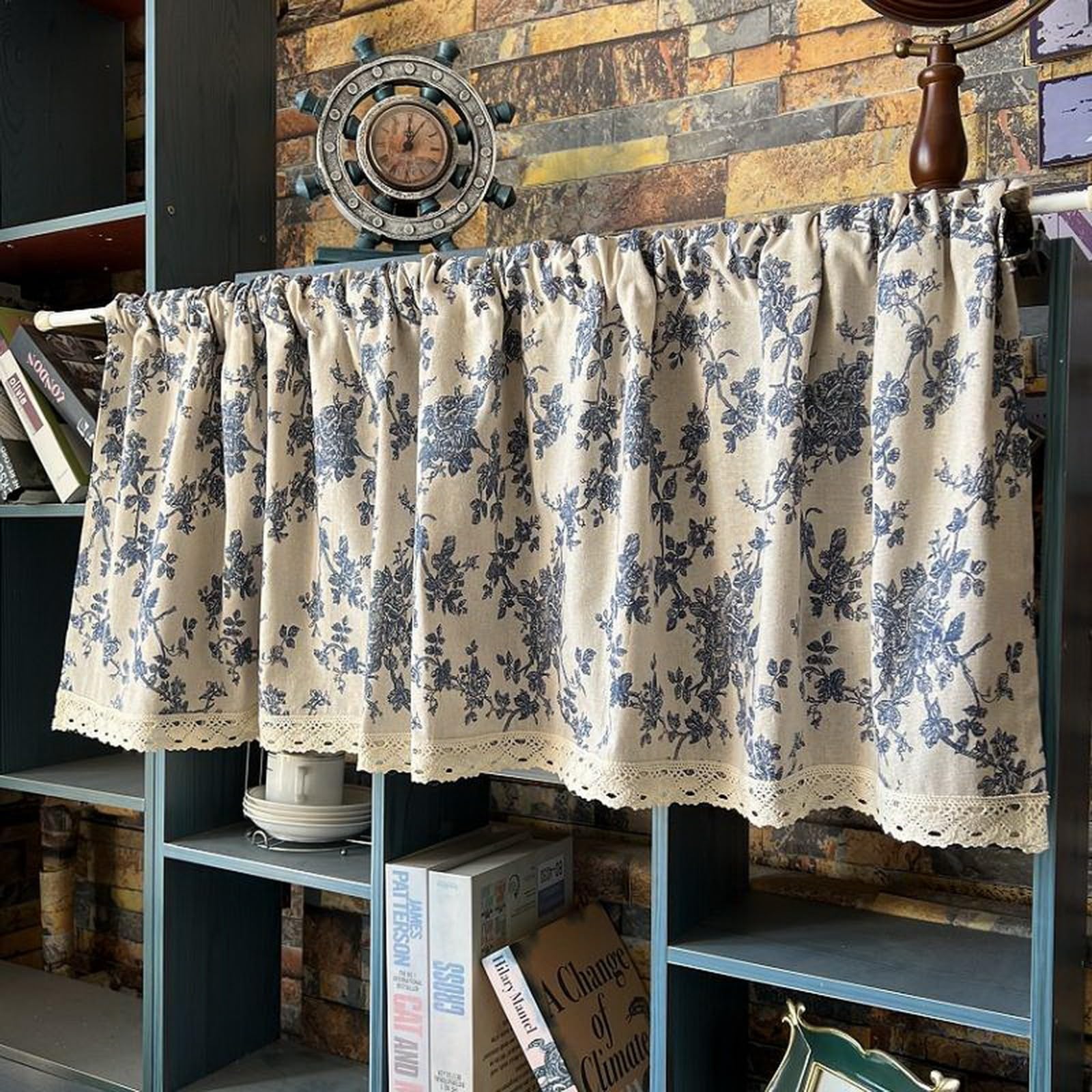 A.Monamour Gardine Scheibengardinen Kurzstores Bauernhaus Baumwolle Leinen Blau Geblümt Semi Verdunkelung Kurzvorhang Kurzgardinen Küchengardine Küche Vorhang Fenster Kurz Stores Bistrogardine