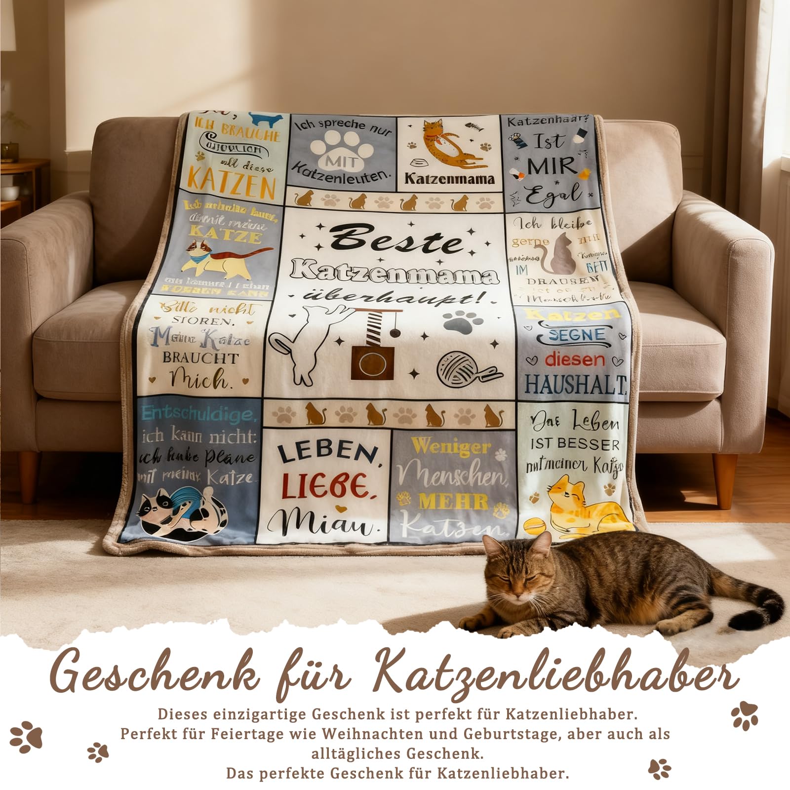Regalo per gli amanti dei gatti, per donne, gatti, coperta per divano, 150 x 130 cm, regalo divertente per gli amanti dei gatti, morbida flanella per la festa della mamma, compleanno, Natale