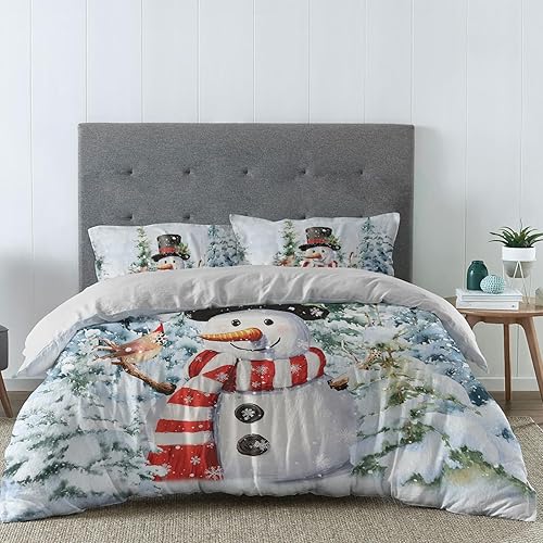 Miniatura 2 de HuHuBubble Juego de funda de edredón de árbol de pino de muñeco de nieve de Navidad, tamaño Queen, juego de ropa de cama ligera y suave de 3 piezas,