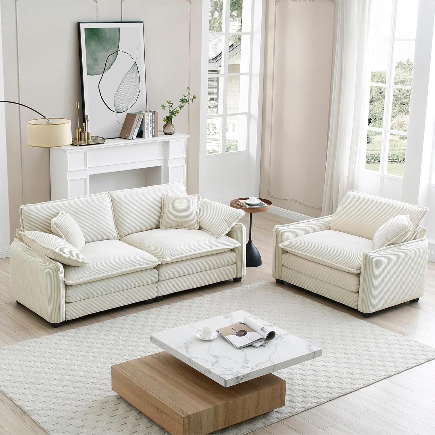 2 Pieces Modern Modular Sectional Sofa Set, Oversized Upholstered Corduroy with Loveseat Sofa and Sofa Chair, Comfy Cloud Deep Seat Sofa with Arm and Throw Pillows for Living Room, Beige