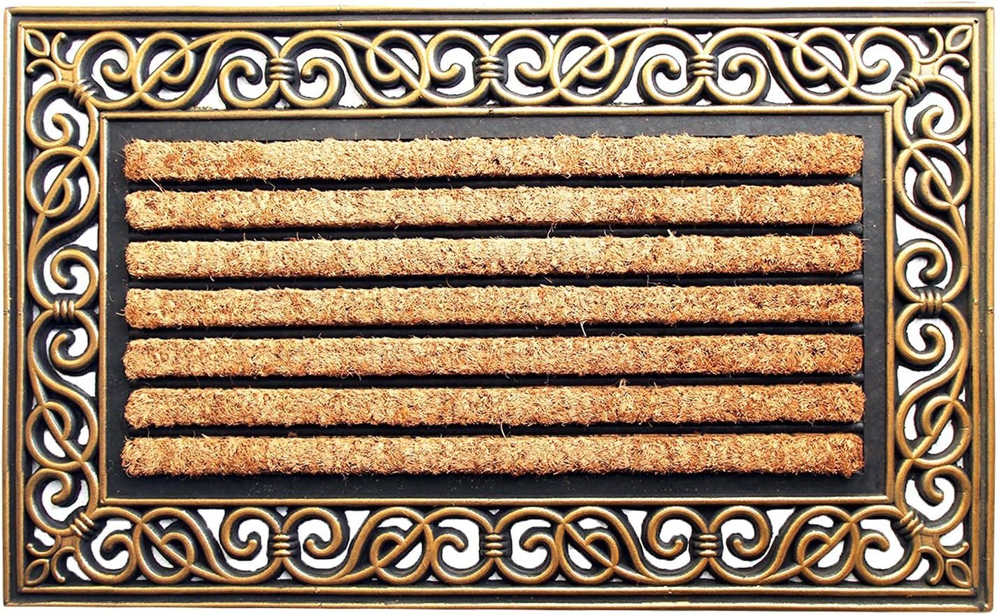 Striped Natural Coir Rubber & Beige Doormat with Decorative Designed Border Long-Lasting, Heavy Duty, Large & Thick Entryway Rug for Indoor & Covered Door Entrances (75cm x 45cm, Rectangular)