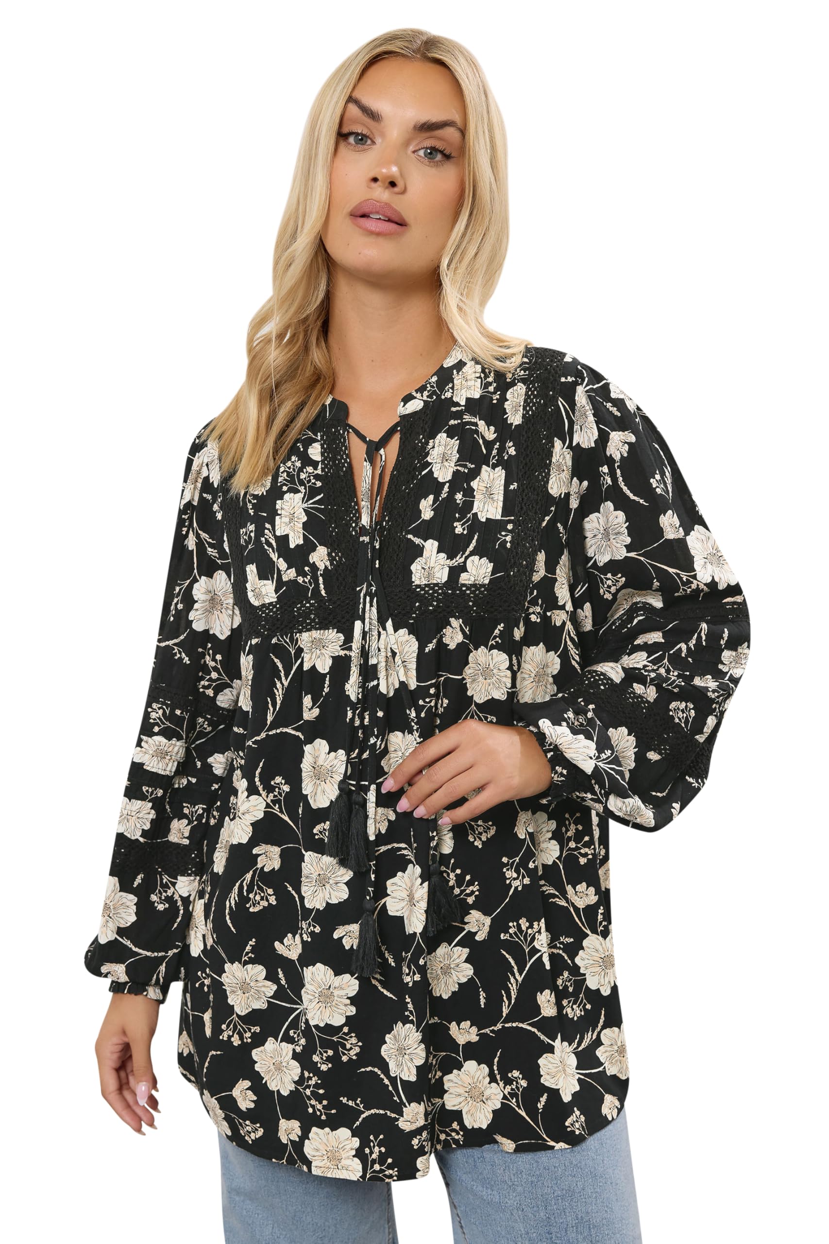 Yours Women's Black Curve Floral Crochet Trim Blouse - Plus Size Curve