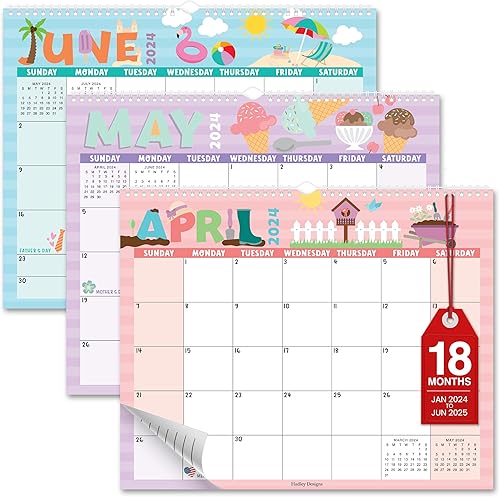 Hadley Designs Doodle - Calendario de pared grande 2024-2025, calendario de pared de 18 meses 2024-2025, calendario mensual de pared 2024 grande,