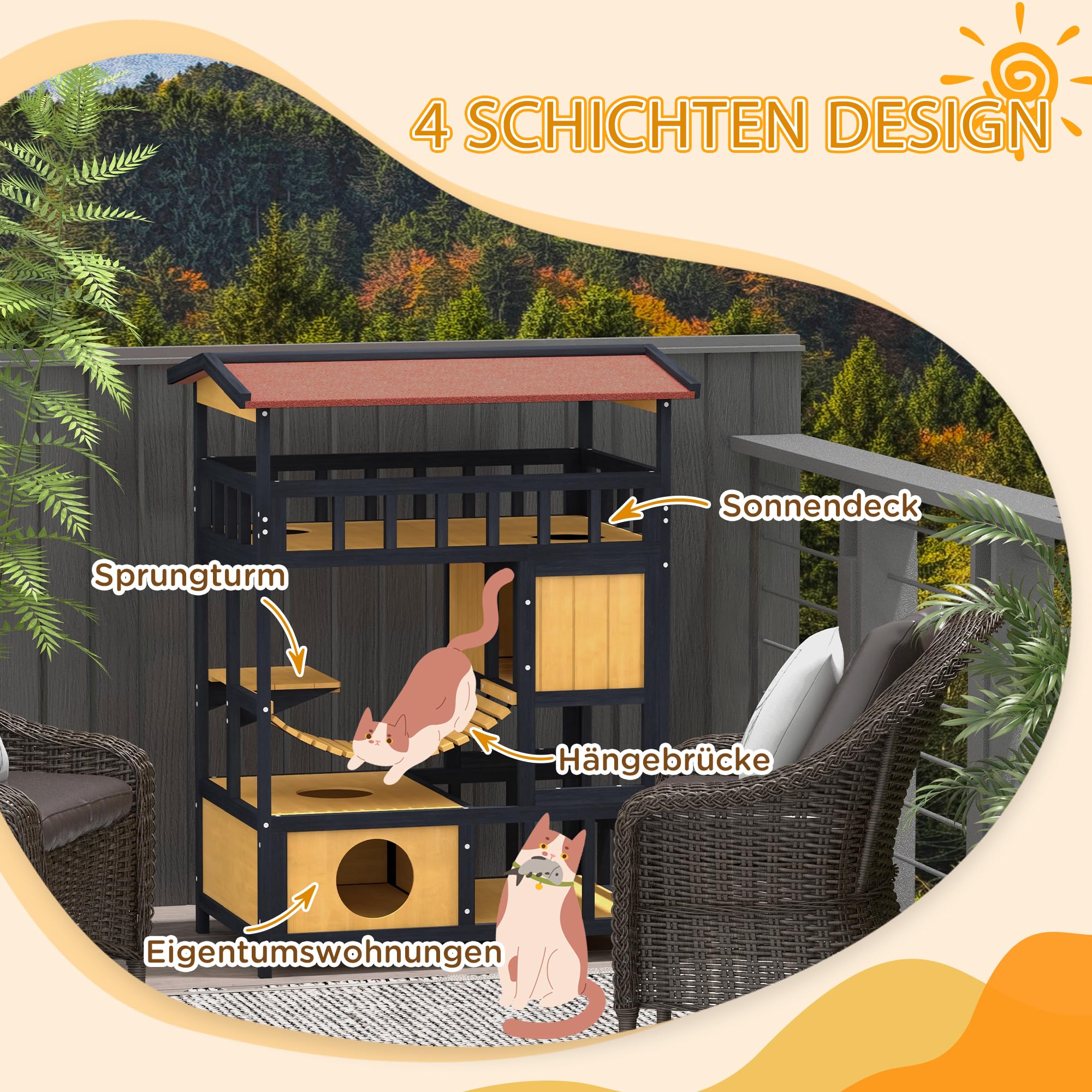 PawHut maison en bois pour chats Cave à chats avec plates-formes, pont suspendu, niche pour jusqu'à 2 chats, intérieur et extérieur, jaune