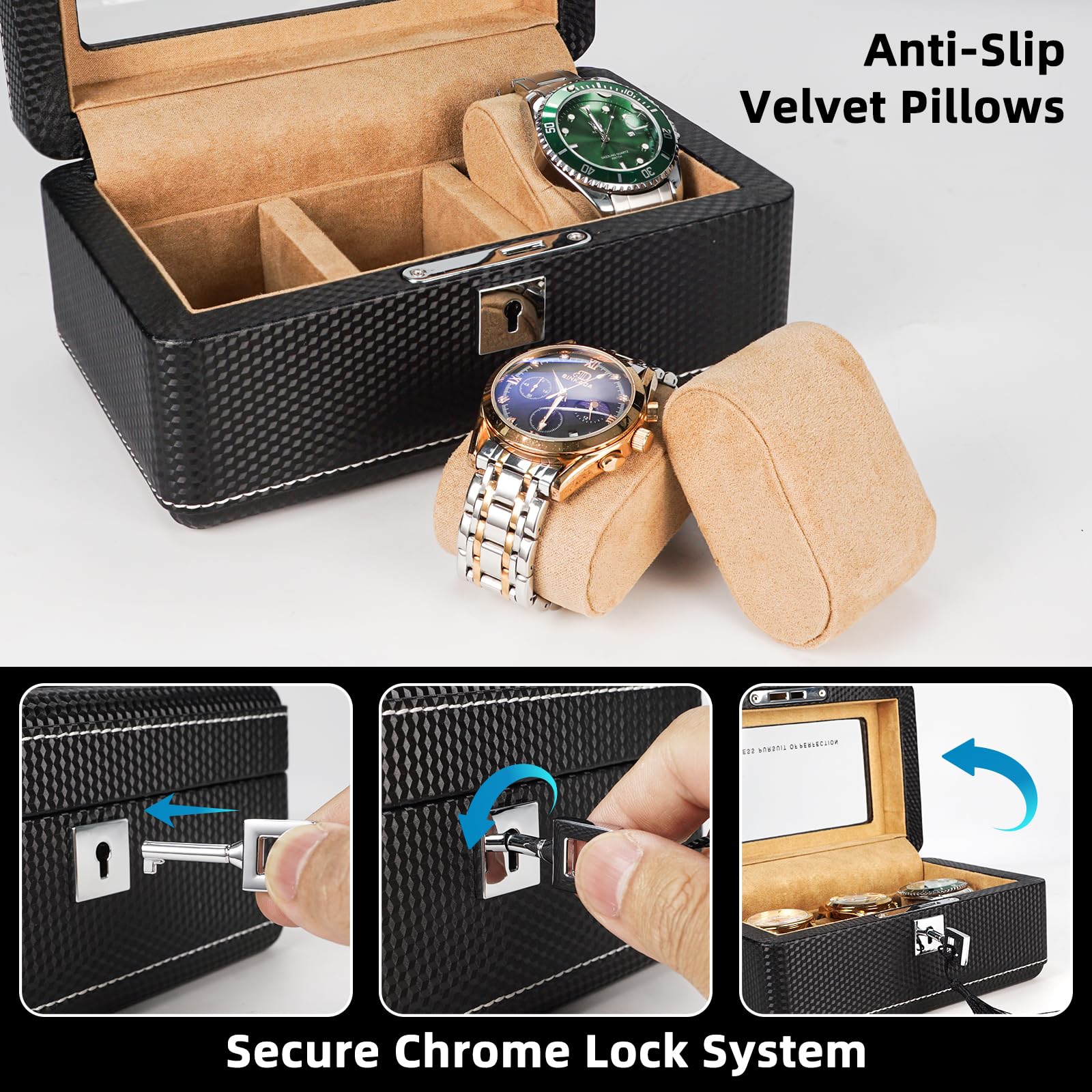 Scatola per orologi in pelle di alta qualità in fibra di carbonio per 3 orologi, chiudibile a chiave, portatile, con finestrella in vetro, regalo ideale per collezionisti di orologi,