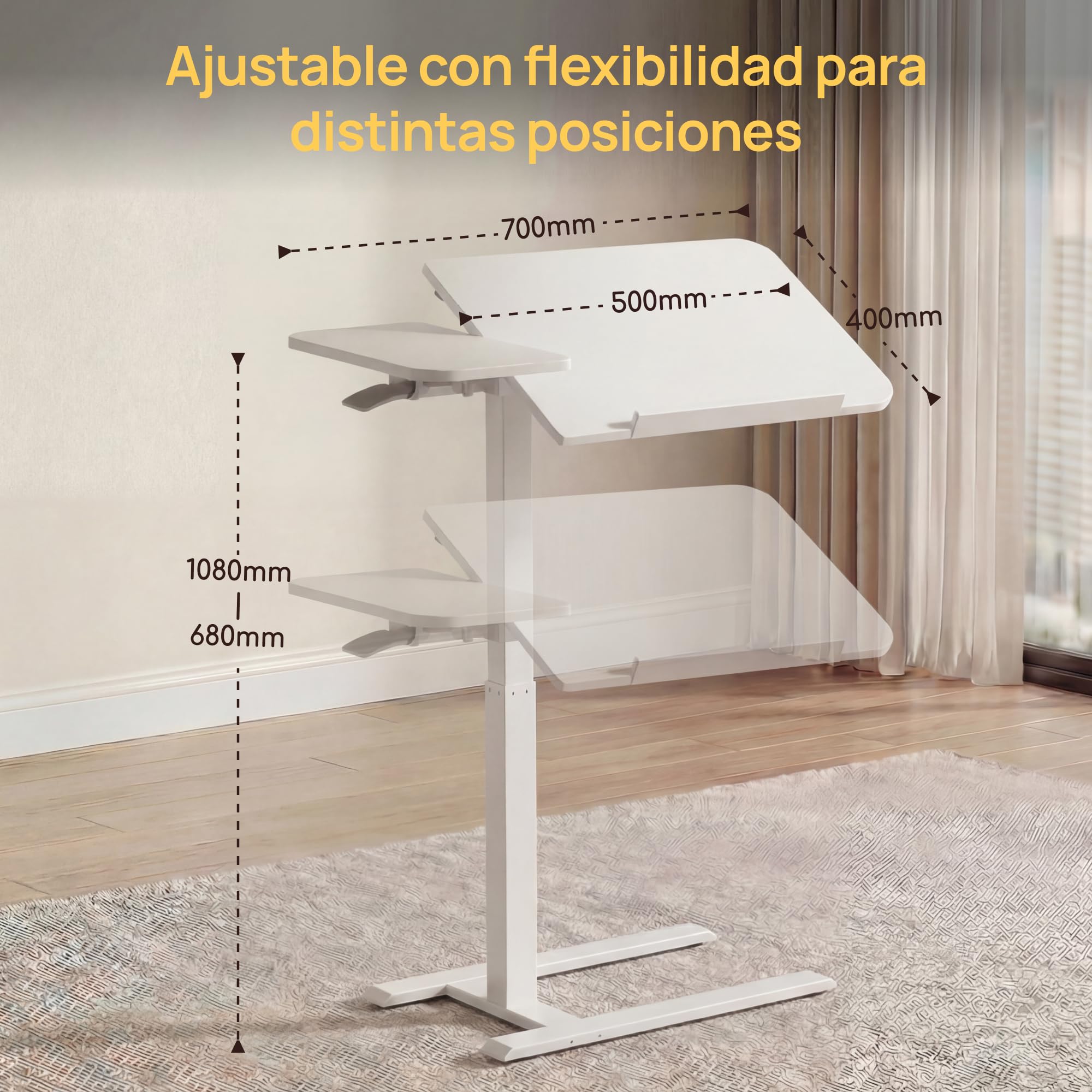 VIVIENDO Mesa Auxiliar para Cama con Ruedas, Blanco, Regulable en Altura 68–108 cm con Pistón de Gas, Mesa para Ordenador Portátil con Tablero Inclinable, para Cama, Sofá y Oficina, 70 x 40 cm