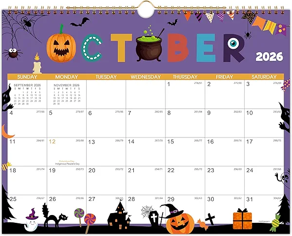 2026 Wall Calendar - Wall Calendar 2026, JAN. 2026 - DEC. 2026, 14.6" x 11.5", Calendar 2026 with Julian Dates, Twin-Wire Binding, Hanging Hook, Thick Paper Includes Major Holidays, Seasonal Designs, Halloween Decorations