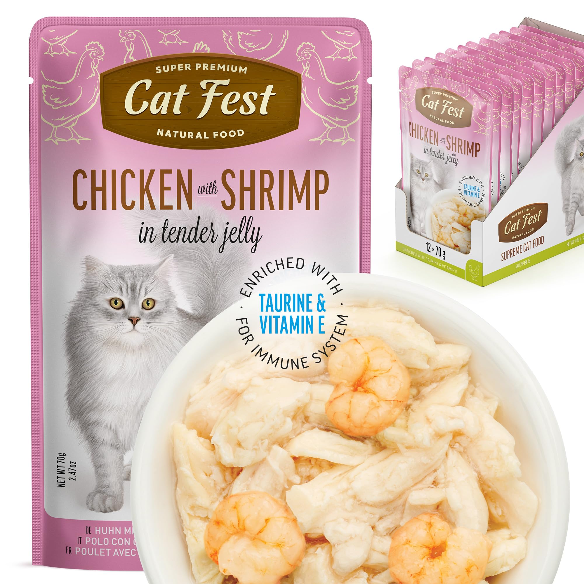 Cat Fest Chicken Fillets with Shrimp in Tender Jelly, 100% Natural Wet Cat Food Pouches, High Meat Content, Enriched with Taurine, Vitamin E & Fish Oil, 12 x 70g