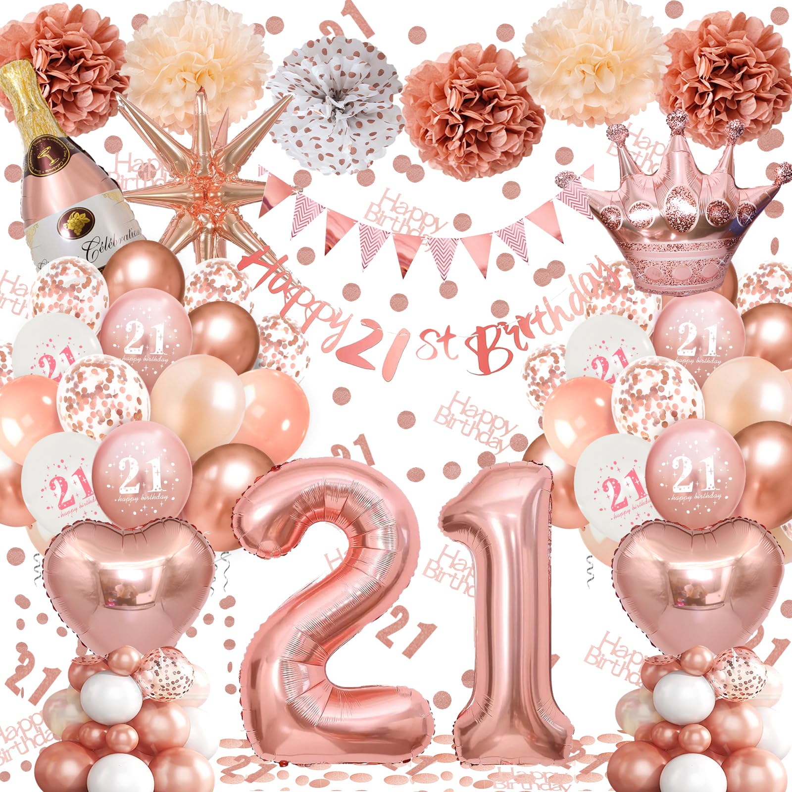 21st Birthday Balloons Rose Gold, Banner, Triangle Flag, 21st Birthday Decorations, Rose Gold Party Decorations Set, Latex, Heart, Crown And Numbers Balloons, Confetti, Paper Pom Poms