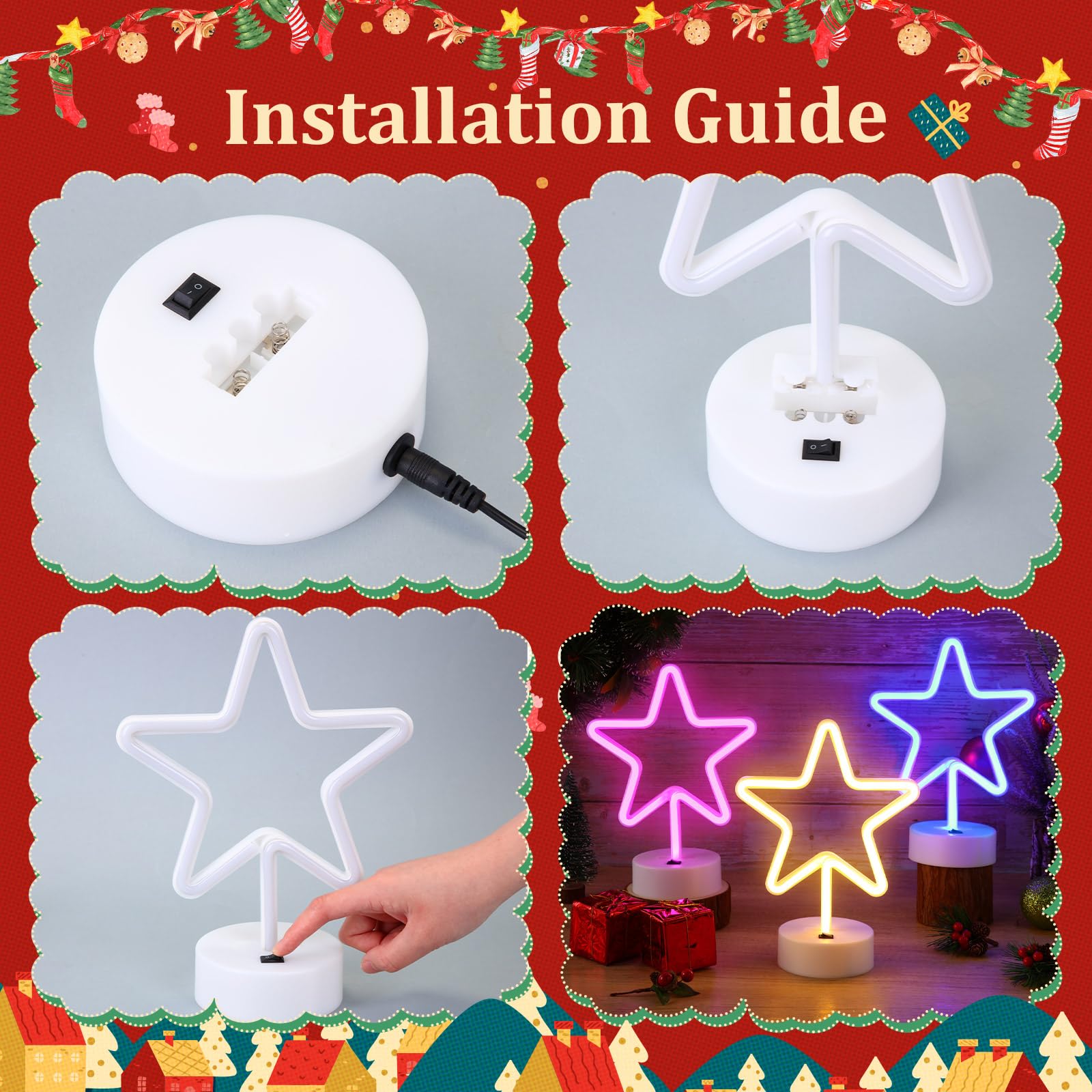 3 szt. neonowy znak w kształcie gwiazdy z podstawą, Boże Narodzenie, lampki LED, prezent, bateria i zasilacz USB, na biurko, dekoracja urodzinowa, dekoracja imprezowa, dom, sypialnia, hotel