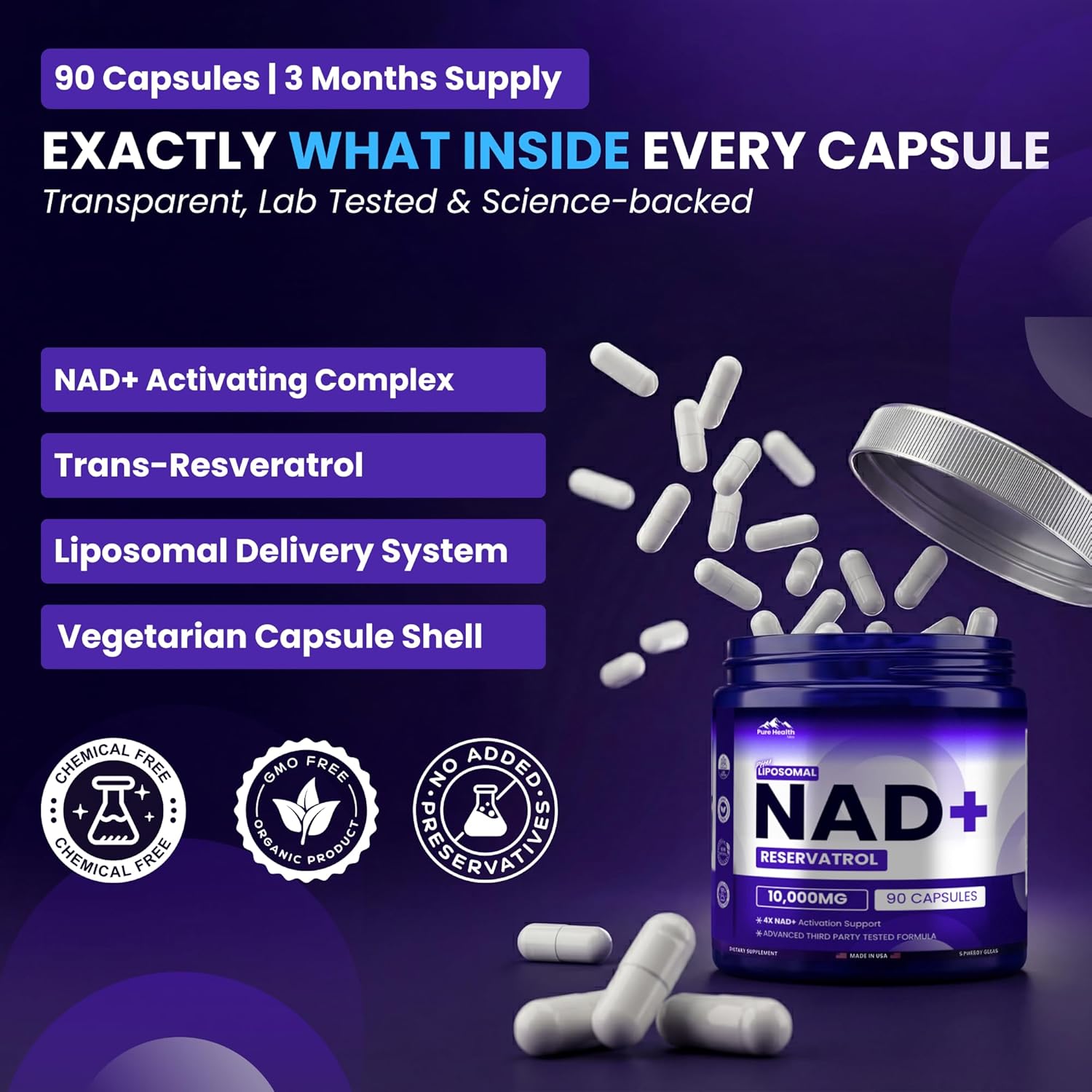 PHM NAD Resveratrol Supplement - 10,000MG Extra Strength | NAD+ Liposomal Supplements for Men and Women | NMN & NMNH Alternative | 90 Capsules, 1.5 Months Supply - Image 7