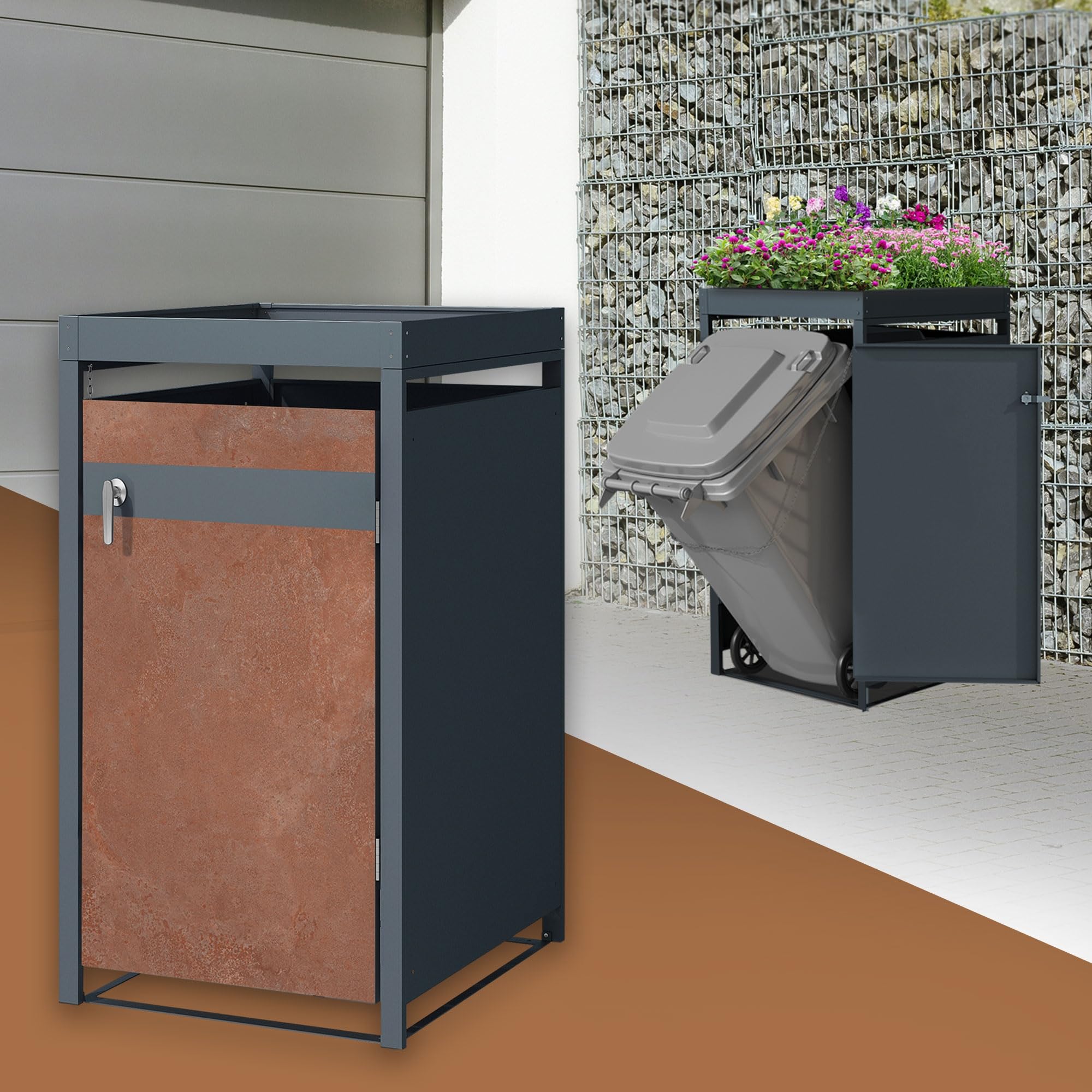 ML-Design Box pour 1 Poubelle avec Toit Végétal, jusqu'à 240L, 68x80x124 cm, en Acier, Anthracite/Aspect Rouillé, Résistant aux Intempéries, Habillage de Poubelle Verrouillable, Conteneur Abri Hangar