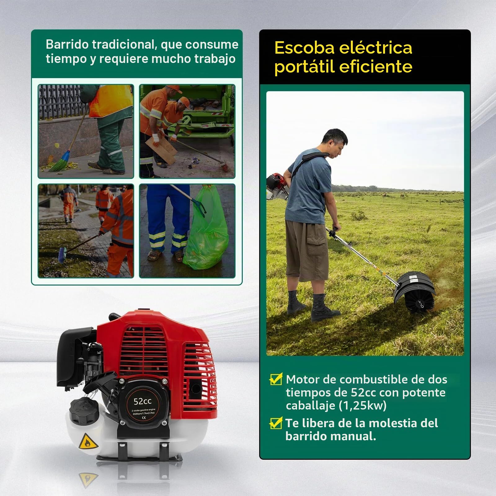 Barredora de césped artificial, 43 cc, cepillo eléctrico de gasolina, escoba de mano, entrada, hoja artificial, cepillo de césped de 2 tiempos, escoba al aire libre, barredora de mano de 1,25 kw,