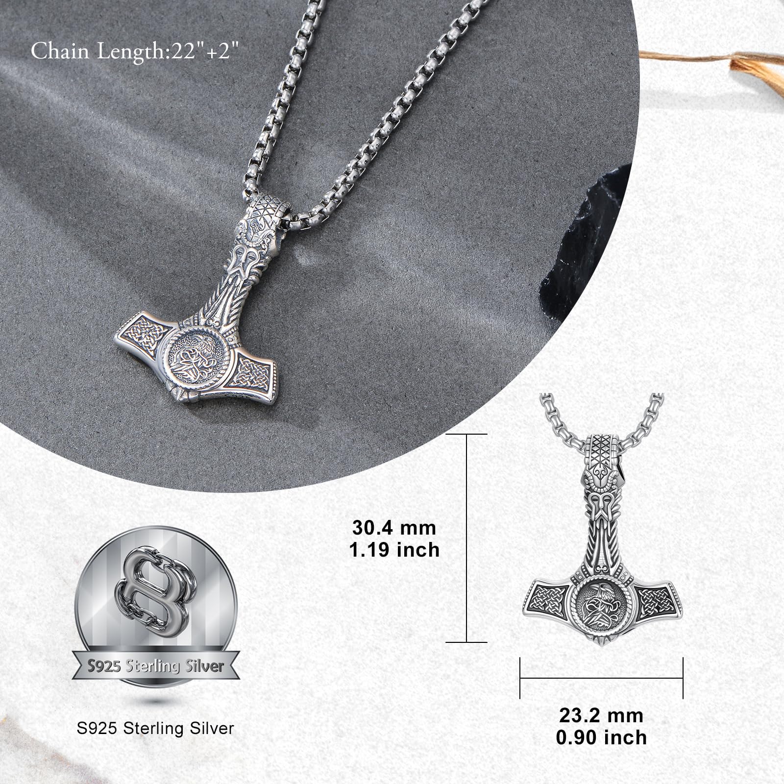 PROESS Thors Hammer Halskette 925 Sterling Silber Wikinger Rabe/Löwe/Wolf Anhänger Kette Keltischer Knoten Schmuck Mjolnir Geschenke für Damen und Herren