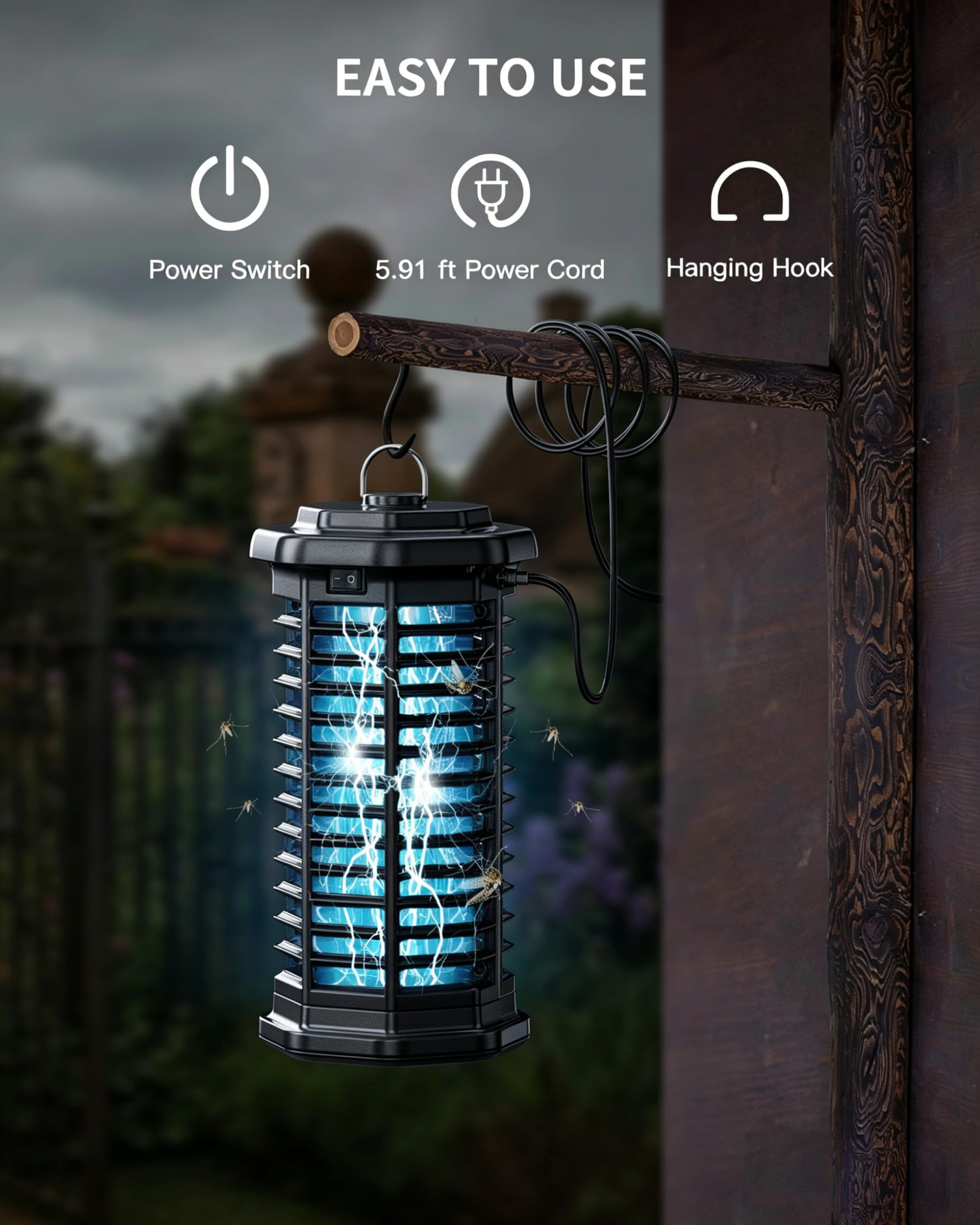 Minimoon Bug Zapper Outdoor 4000 V Potężny elektryczny zapłon na komary, 15 W, do użytku na zewnątrz, IPX4, z kablem do wewnątrz, na patio, na kemping