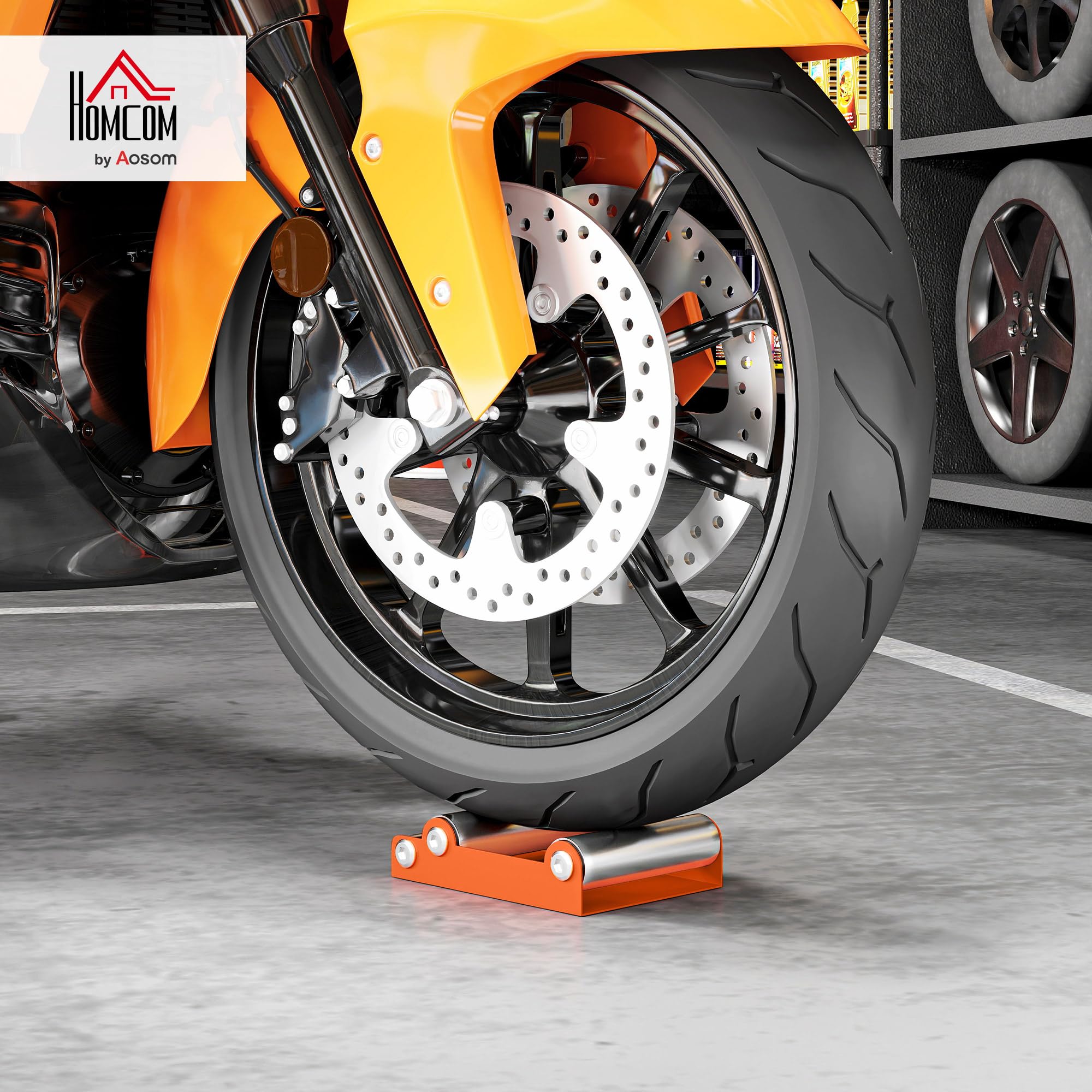 HOMCOM Cavalletto Alzamoto con Capacità di 220 kg, Supporto per Moto con Sostegno Antiscivolo e 3 Rulli, Rullo per Pulizia Ruote Moto in Acciaio e Alluminio per Garage e Officina, Arancione
