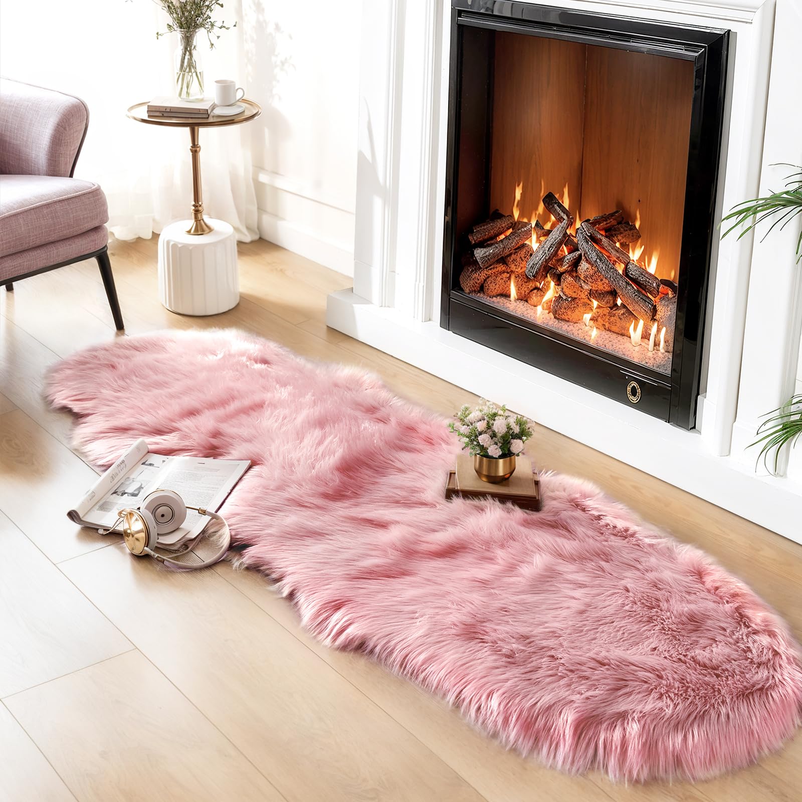 Ciicool Ultra Soft Faux Sheepskin Fur Rug Fluffy Rug for Bedroom Fuzzy Carpet for Living Room Kid's Room Nursery Decor, Pink 2 x 6 Feet