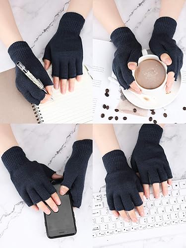 Miniatura 2 de SATINIOR 3 pares de guantes sin dedos para mujer, guantes de punto de medio dedo para mujeres y hombres