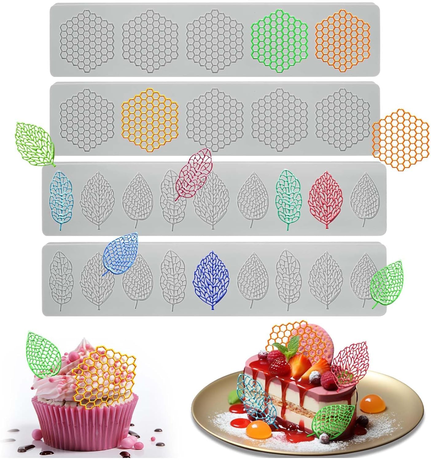 4 Stück Silikon‑Backformen Für Blätter & Waben – Für Tuile, Schokolade, Fondant, Hitzebeständig Bis 230°C