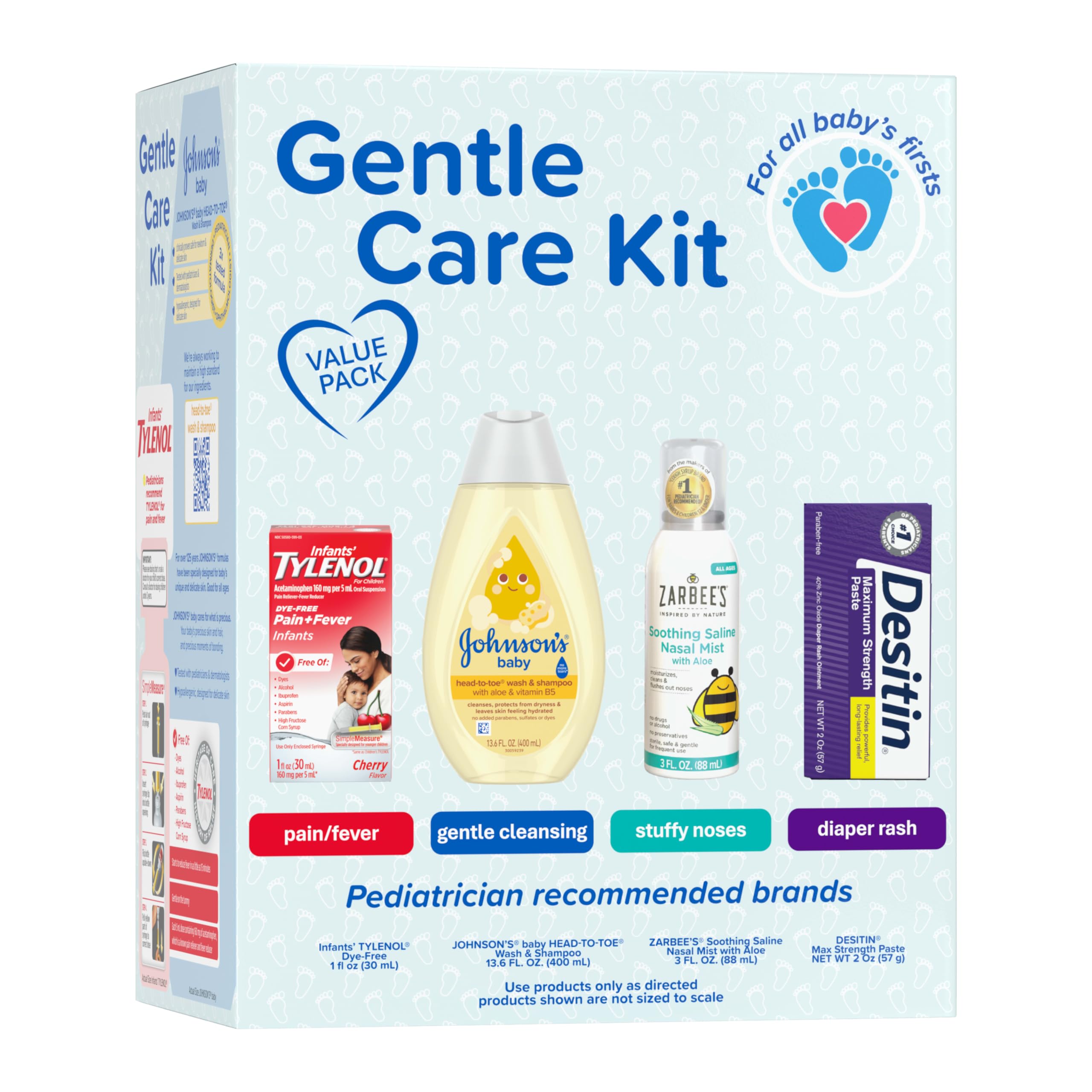 Johnson's Baby Gentle Care Kit with Desitin Maximum Strength, 4 Items | Includes Infants' Tylenol, Johnson's Head-to-Toe Wash, Zarbee's Soothing Saline Mist, Desitin Max Strength Diaper Rash Paste