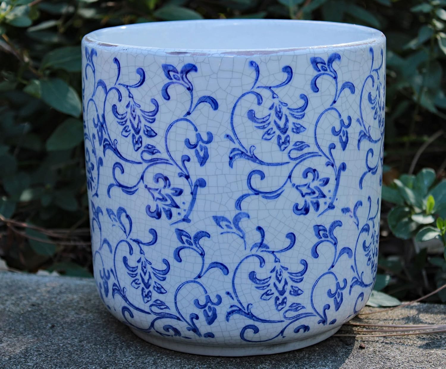Old World Ceramic Blue and White Pattern Round planters or Garden pots (Cylindrical Vine Print 7 inches Tall)