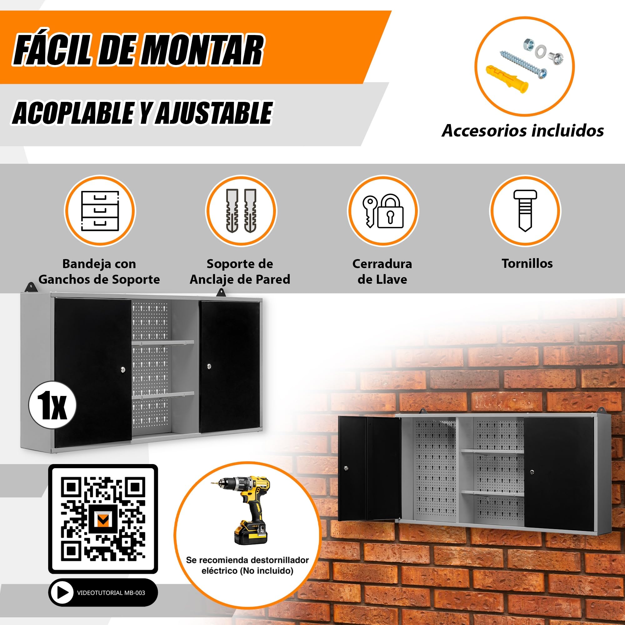 METALL MÖBELL WORKBENCH & TOOLS METALLMOBELL - Armario Metalico de Pared | 120x60x20cm, con Estanterías, Panel Herramientas y Cerradura | Armario Almacenaje, Mueble Almacenaje MB03G