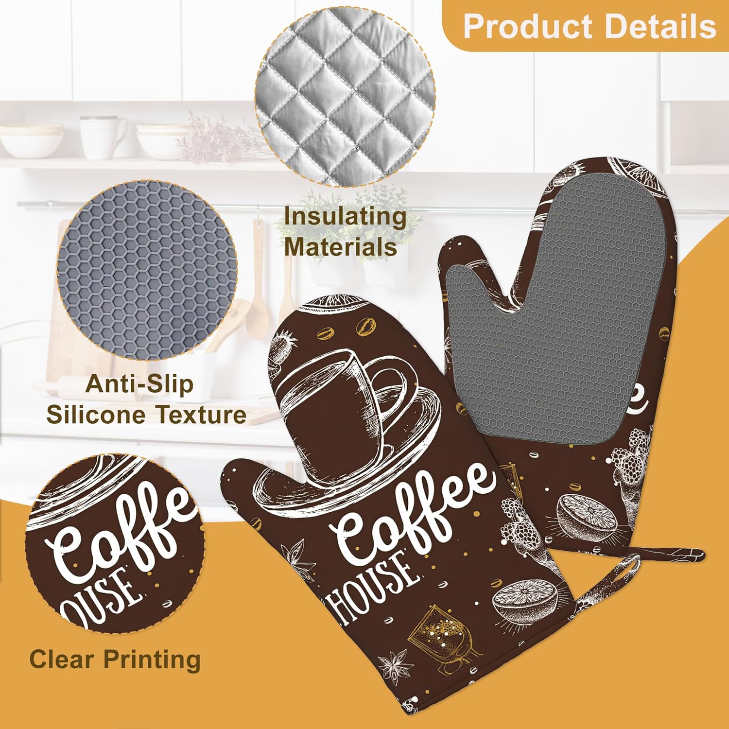 Coffee House Oven Mitts and Pot Holders Sets,Silicone Kitchen Mitts Potholders Heat Resistant 4Pcs Oven Gloves Hot Pads for Kitchen Baking Cooking - Image 3