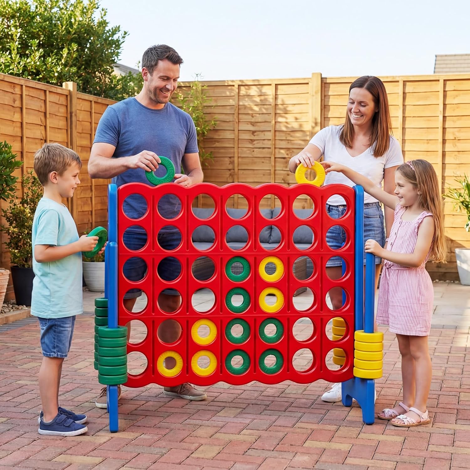 COSTWAY Giant 4-in-a-Row Game Set, Jumbo 4-to-Score for Kids and Adults with 42 Jumbo Rings & Quick-Release Slider, Indoor Outdoor Yard Party Game for Lawn, Holiday Party & Family (Red & Blue)