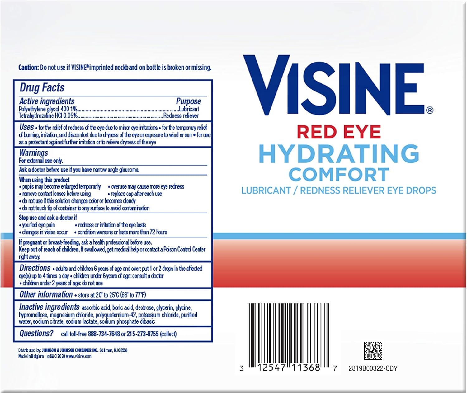 Visine Red Eye Hydrating Comfort Redness Relief and Lubricant Eye Drops to Relieve Red Eyes Due to Minor Eye Irritations Fast and Help Moisturize Dry Eyes, On-The-Go Packs, 12 x 0.28 fl. oz