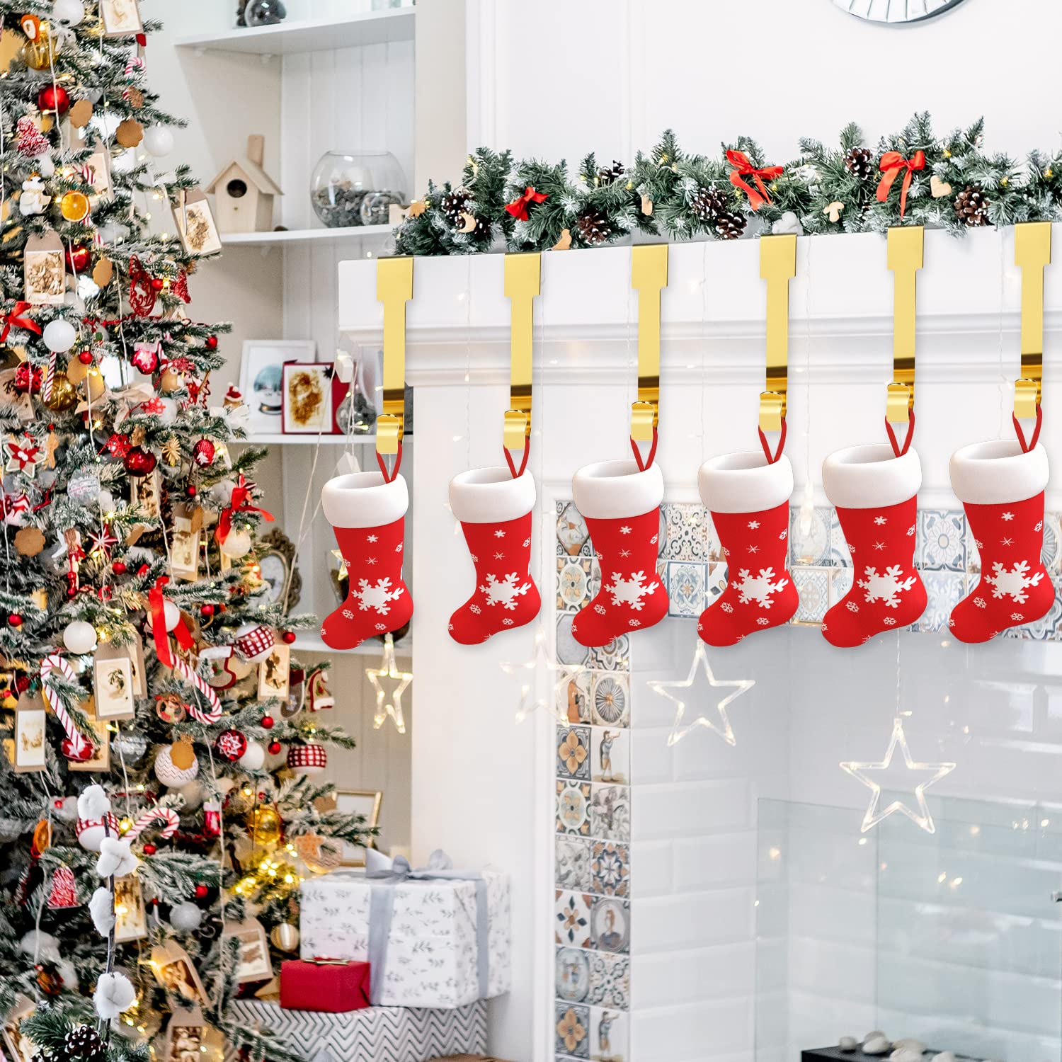 6 Ganci Portacalze Di Natale In Metallo - Appendiabiti Per Camino - Decorazione Natalizia - Colore Oro - Foto 7