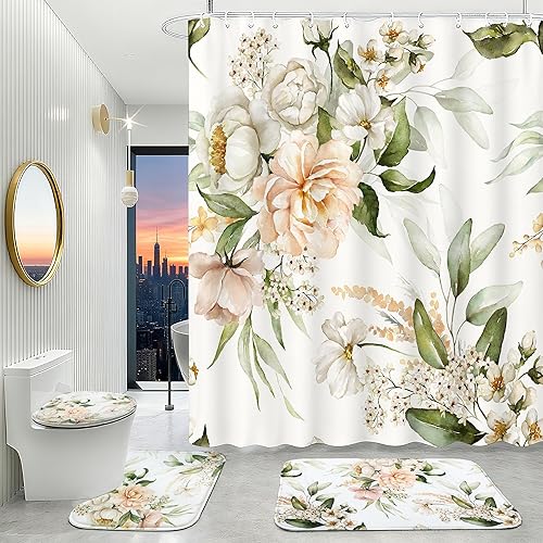 16 Pcs Bathroom Sets with Shower Curtain and Rugs-Modern Minimalist Bathroom Decor Accessories,Flower Shower Curtain Set, Non-Slip Bathroom Rug,Bath Mat, Floral Bathroom Decor for Home (E-Flower A)