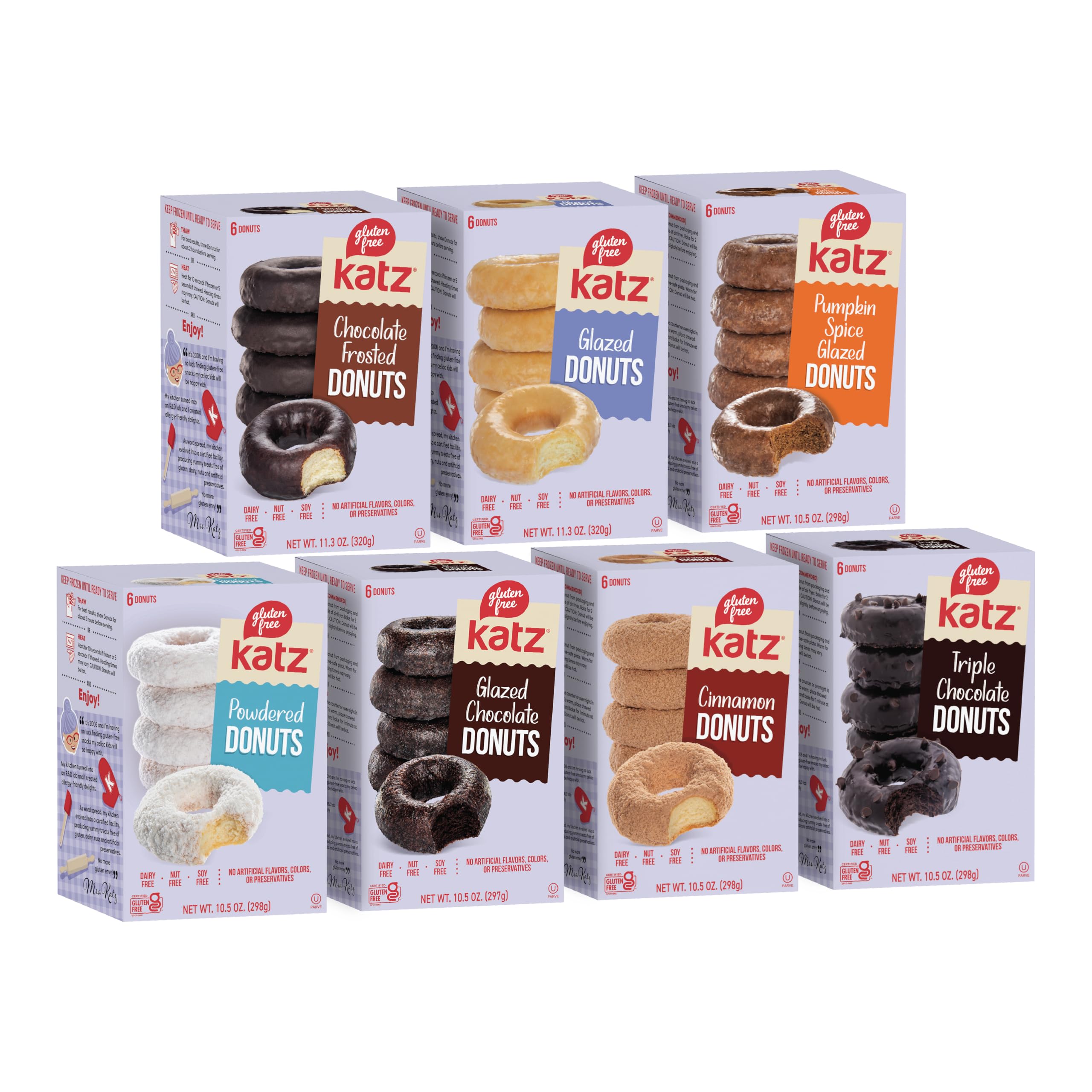 Snacks Top 7 Donut Flavors: Powdered, Glazed, Cinnamon, Chocolate Frosted, Glazed, Triple Chocolate, Pumpkin Spice, (1 Pack of each)