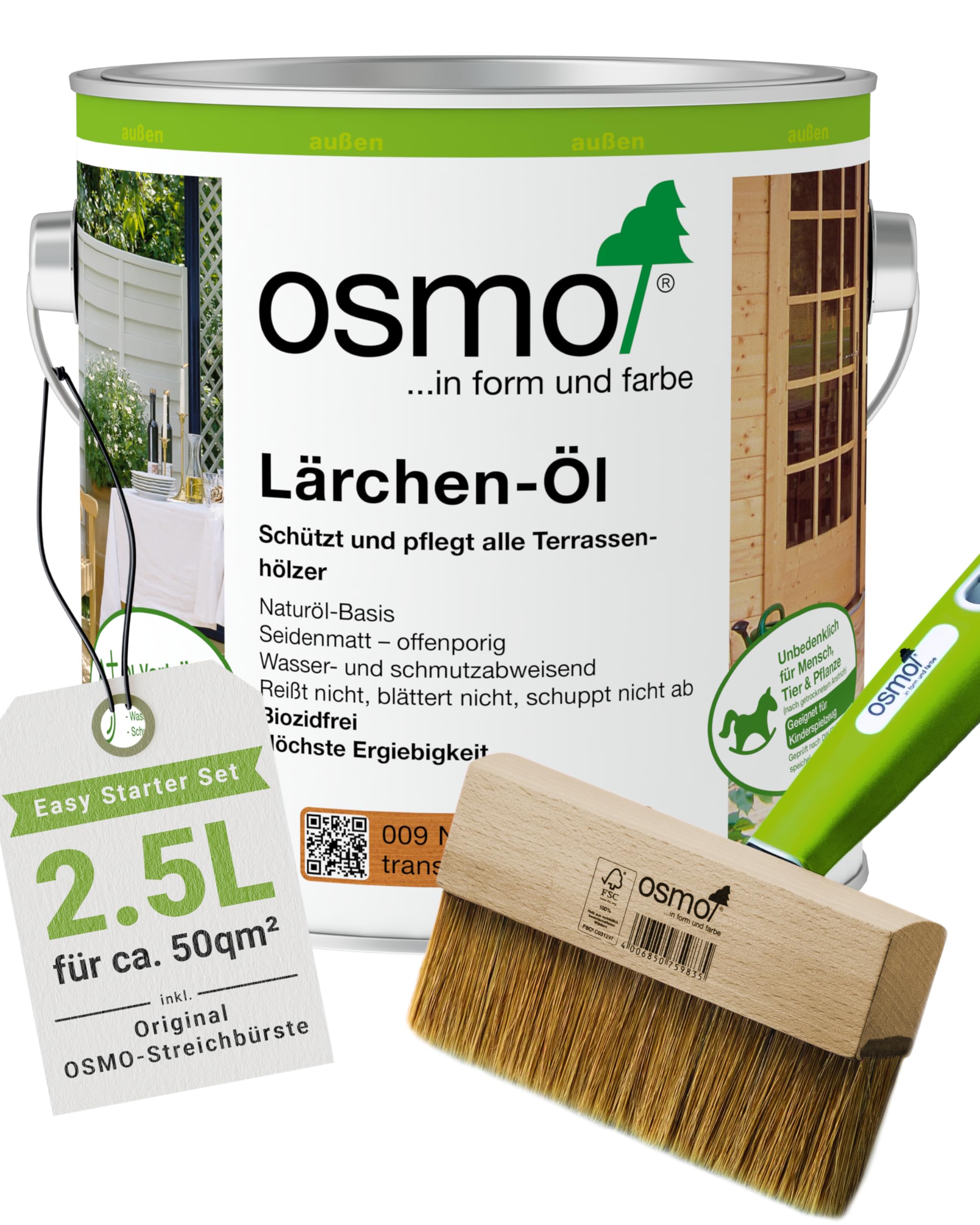 Osmo Terrassenöl Starter Set, 2,5 L Lärchen Öl natur 009 seidenmatt, inkl. 150 mm Streichbürste mit Handgriff, Holzschutz für außen, UV-beständig, offenporig, wetterfest