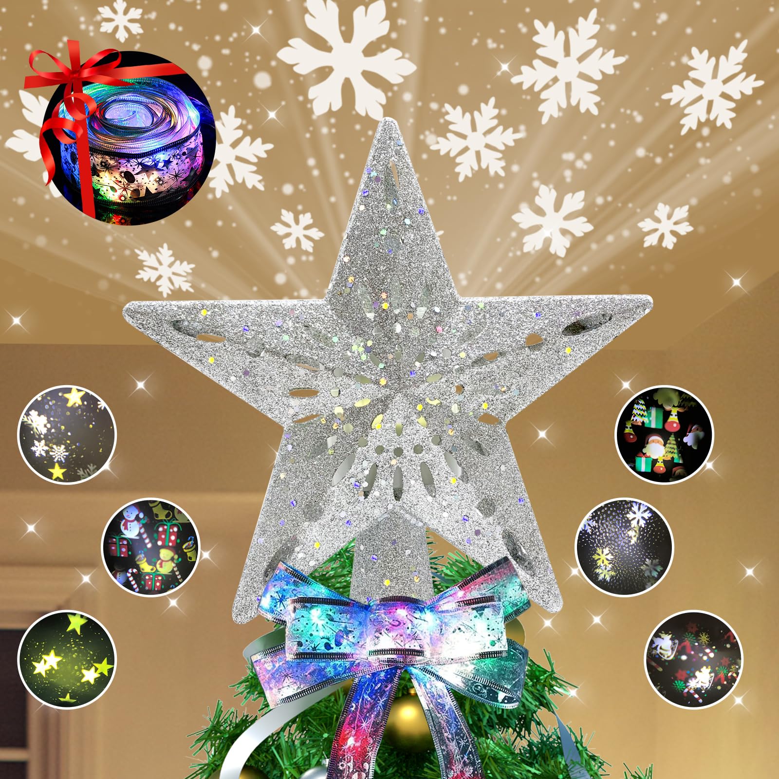 Christmas Tree Topper Star Lighted with 6 Projection Modes, Comes with LED Christmas Ribbon Lights, Built-in Rotating LED Dynamic Projector, 3D Glitter Hollow Star Tree Topper Starry Night Light