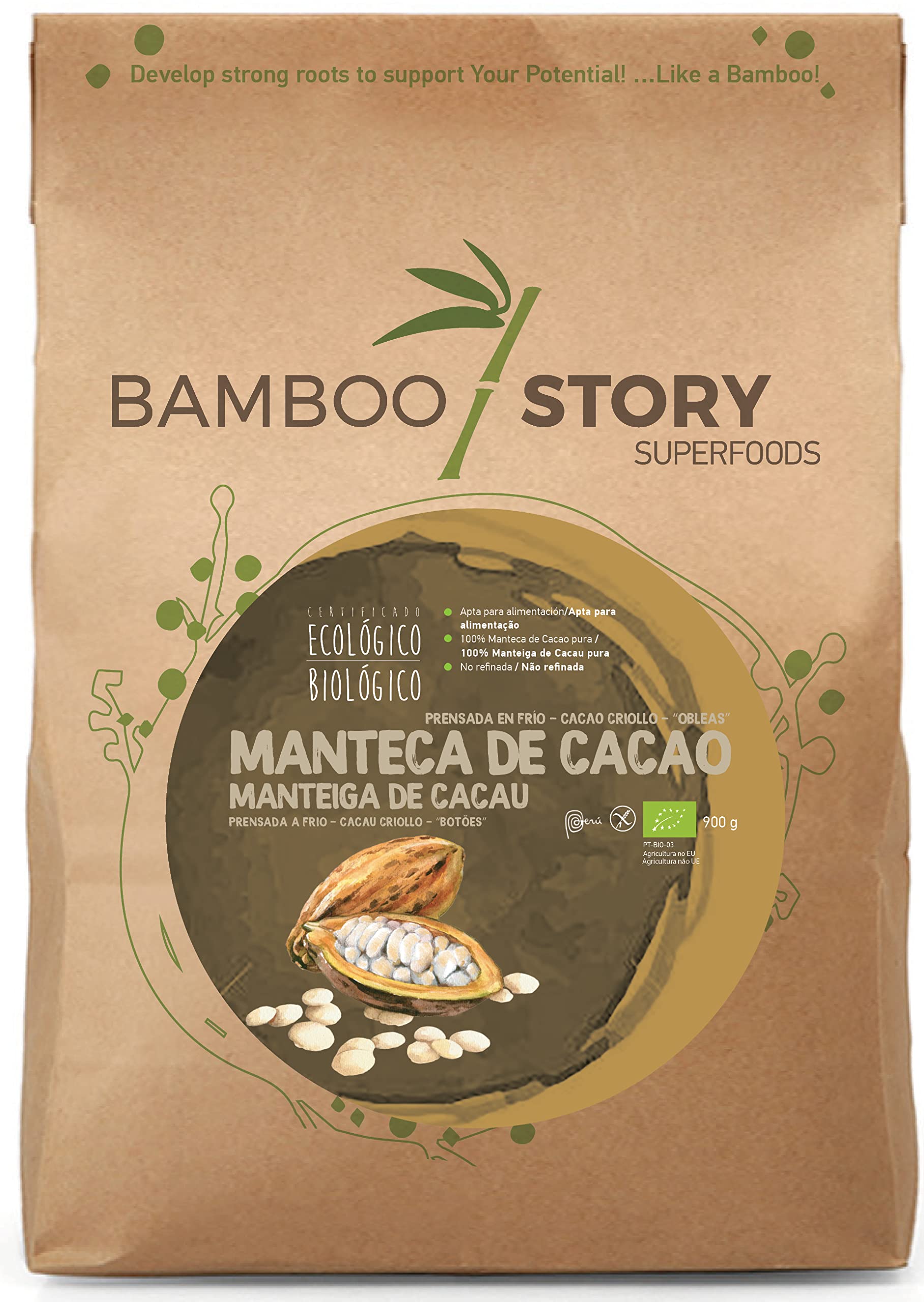 Bio | BAMBOO STORY | Manteca Cacao | Prensada Frío | Criollo | 100% Peruano | 900g