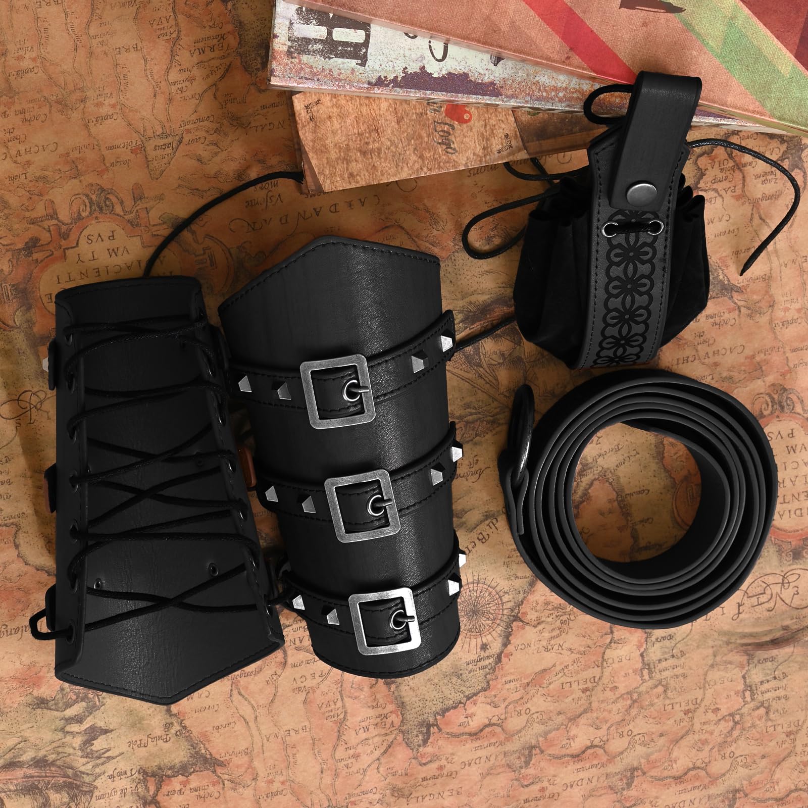 JDFAIJEAL Medieval Knight Accessories Set for Men & Women - Renaissance PU Leather Belt, Adjustable Arm Bracers,Vintage Waist Pouch - Image 2