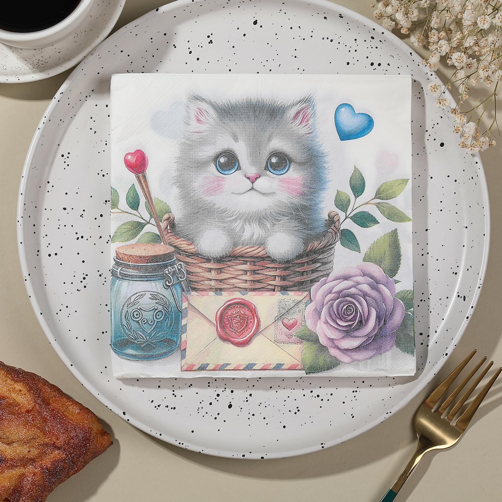 Serviette Papier Anniversaire Chat Pourpre Mignon Serviette Anniversaire en Papier Anniversaire Serviettes Papier Jetables de Table Cocktail Mariage Décoration pour Partys 30 Paquet(33x33cm)