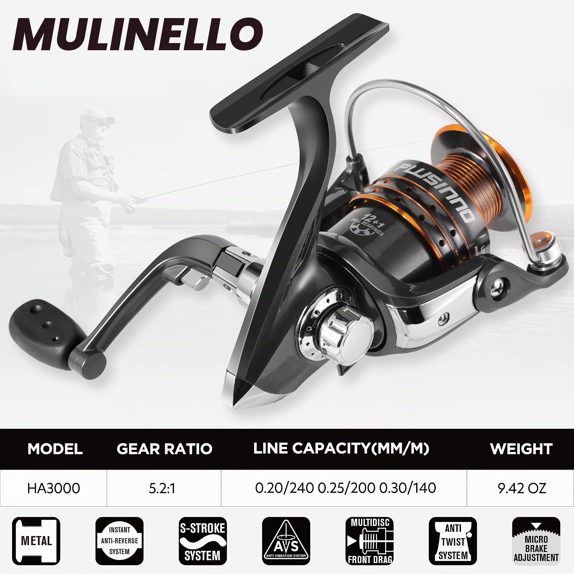 Plusinno - Set di canna da pesca telescopica in fibra di carbonio, mulinello da spinning con 12+1 cuscinetti a sfera schermati in acciaio inox