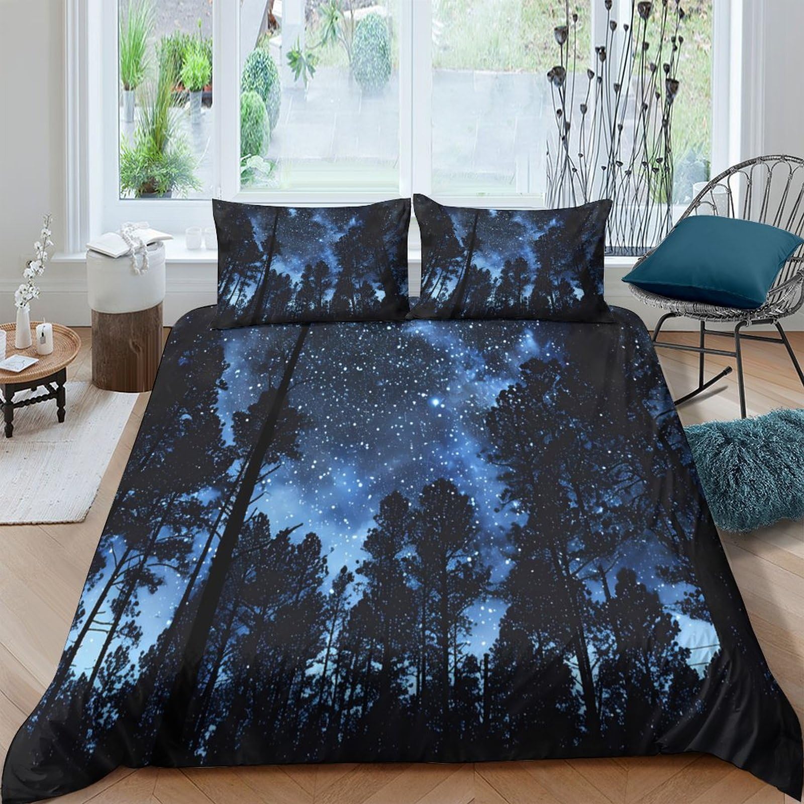 GPLZQXKJNH 3D Printed Forest Night Sky Duvet Cover Set Microfiber Soft Breathable Galaxy Bedding with 2 Pillowcases for Bedroom Single（135x200cm）