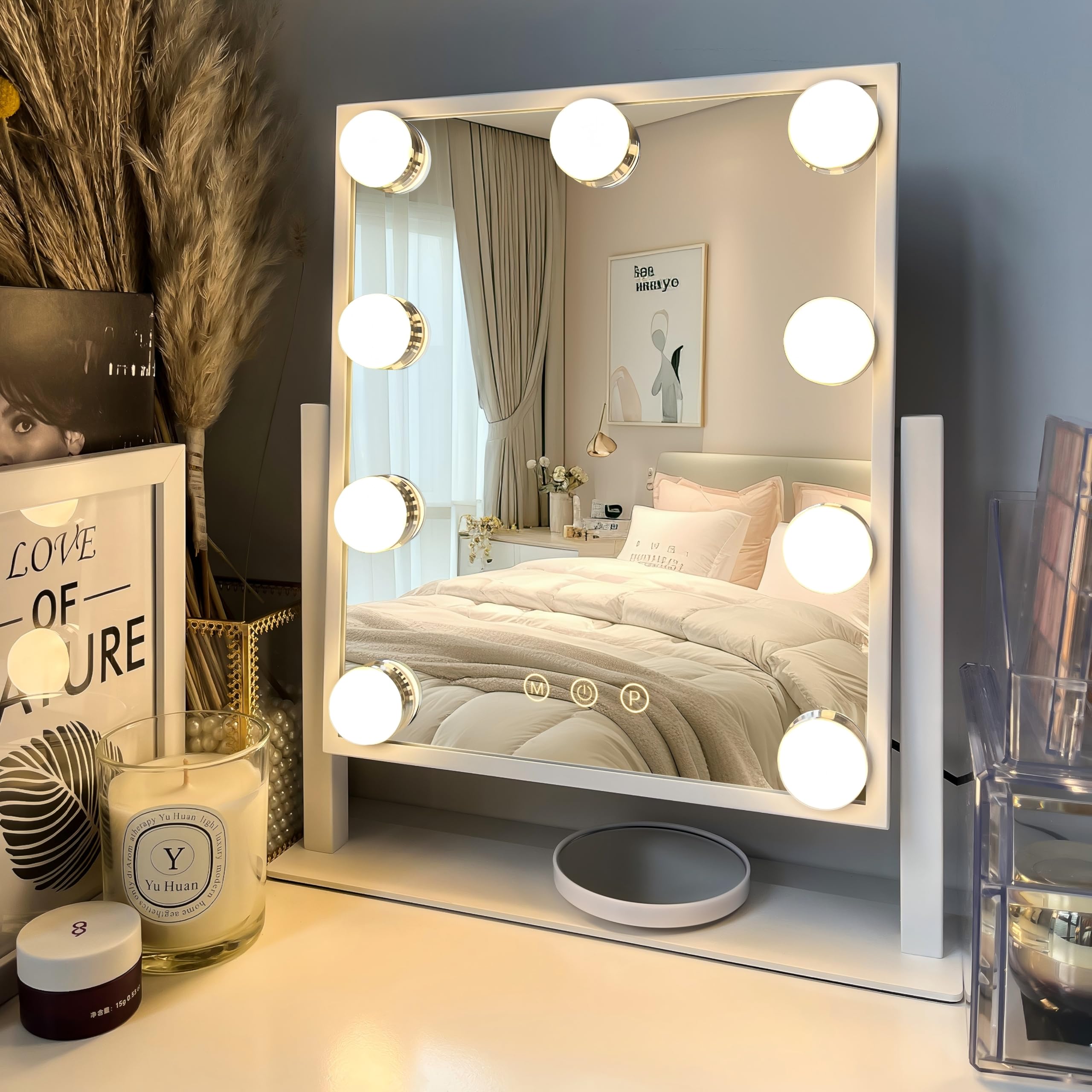 LuxeVue Makeup Mirror with Lights, Vanity Mirror with 3 Lighting Modes, Light Up Mirror with Touch Sensor, Detachable 10X Magnifying, USB Powered, Metal Frame, 360 Rotatable, 14.1" – White