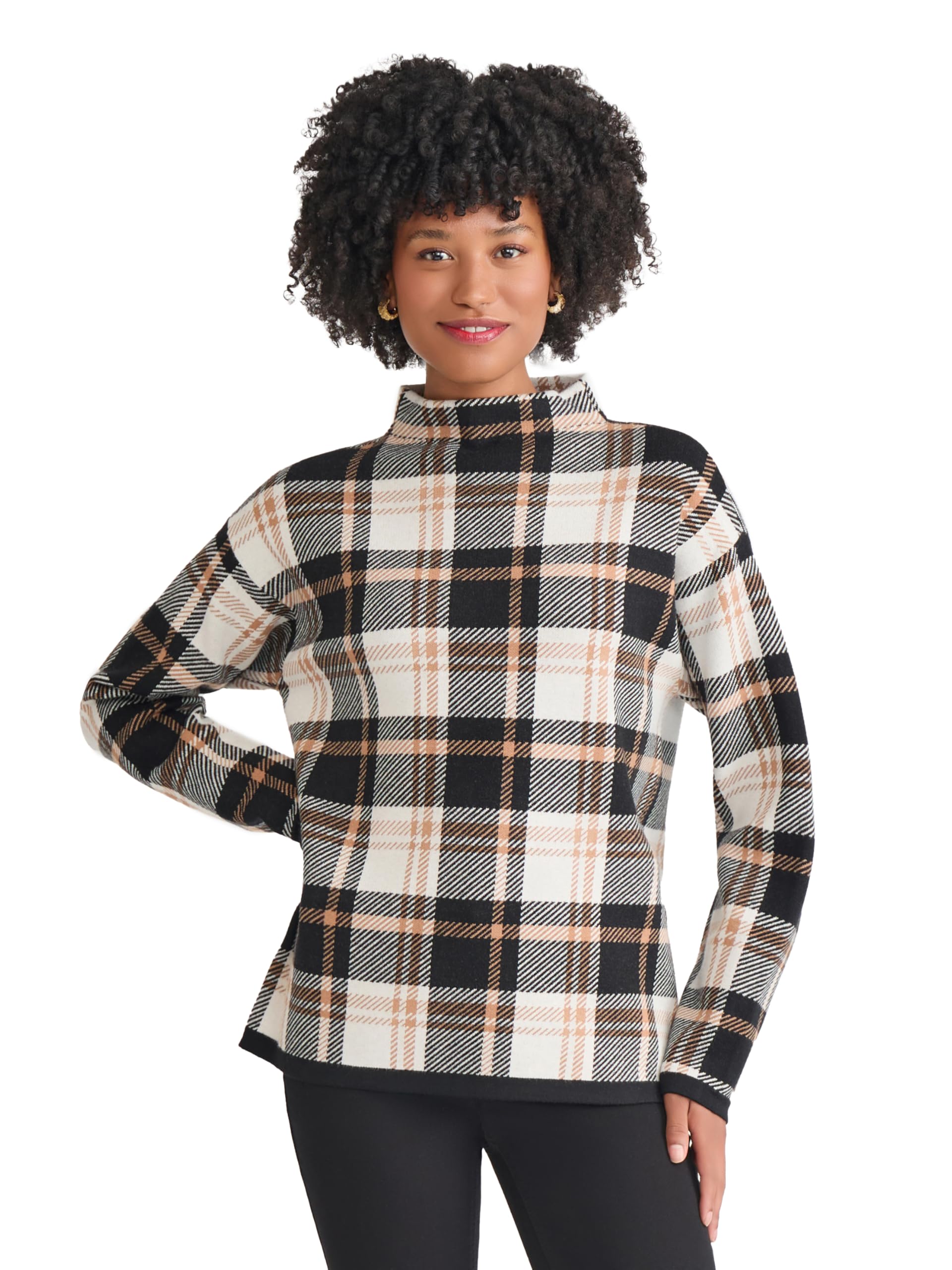 Jones New York Womens Long Sleeve Mock Neck Plaid Knit Top