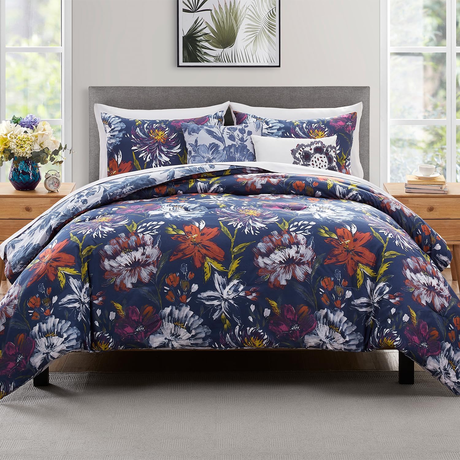 VCNY Home - King Comforter Set, Reversible 5-Piece Bedding with Matching Shams & Pillows, Floral Room Decor (Danny Blue, King)