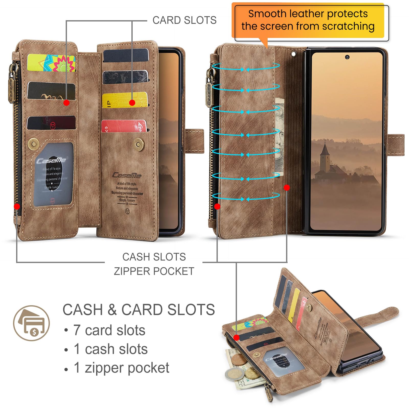Etui portfelowe ze skóry PU, pasuje do telefonu Samsung Galaxy Z Fold8, przegródki na karty, magnetyczne zamknięcie, podpórka, odporny na wstrząsy pasek na nadgarstek, zamek błyskawiczny o